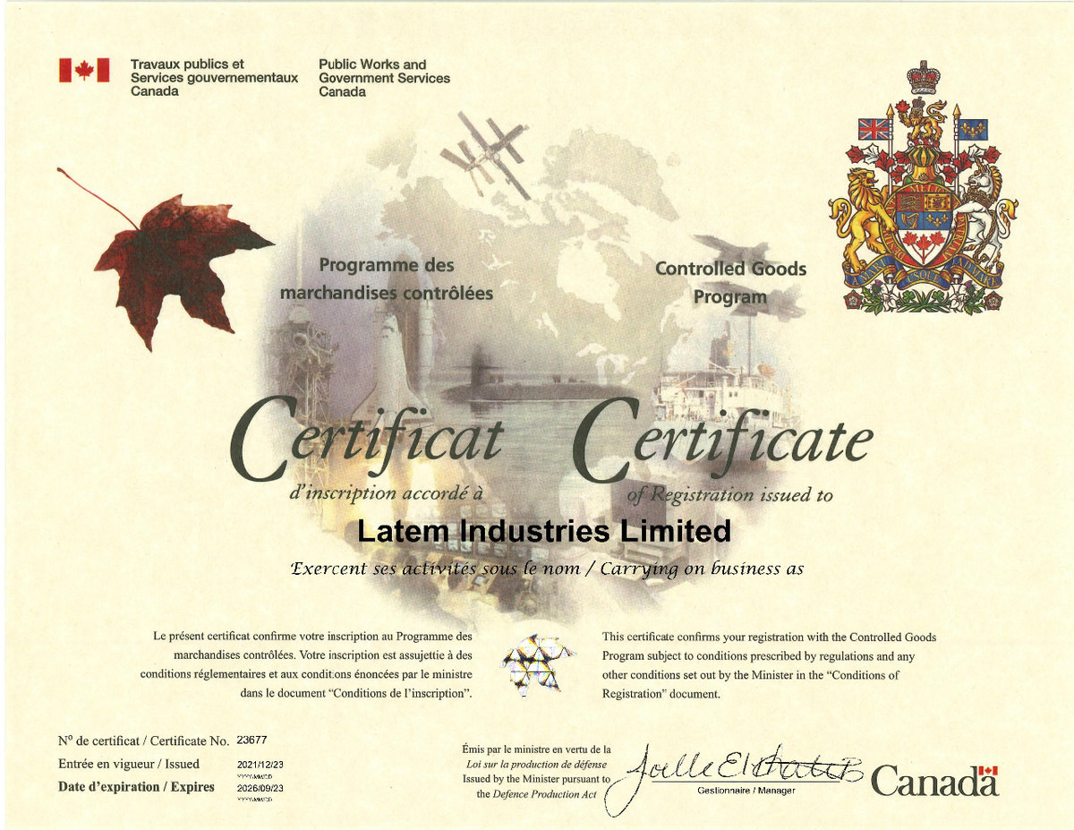 Latem's Controlled Goods Certificate